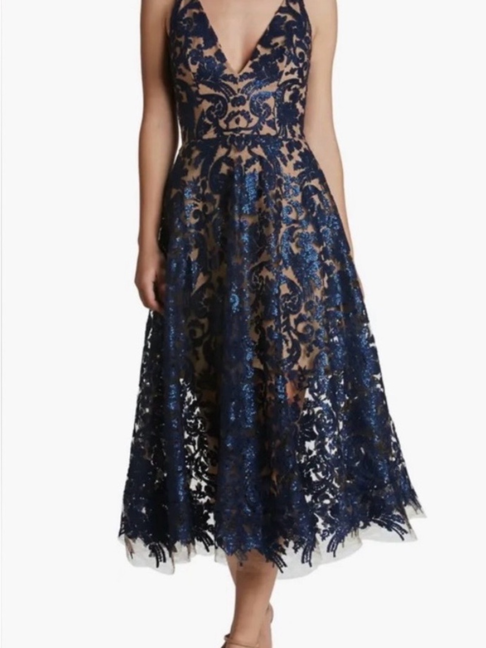 Dress the Population Navy Blue and Nude Lace Appliqué Midi Dress